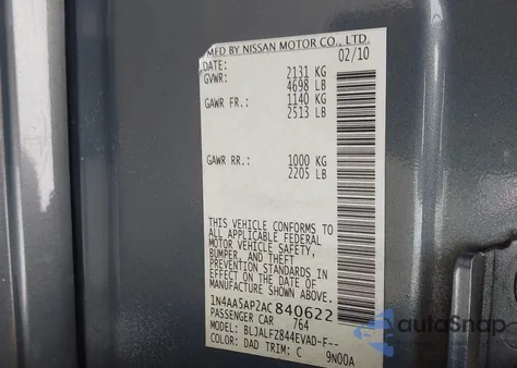 2010 Nissan Maxima 3.5 Sv z USA, uszkodzony, nr VIN 1N4AA5AP2AC840622